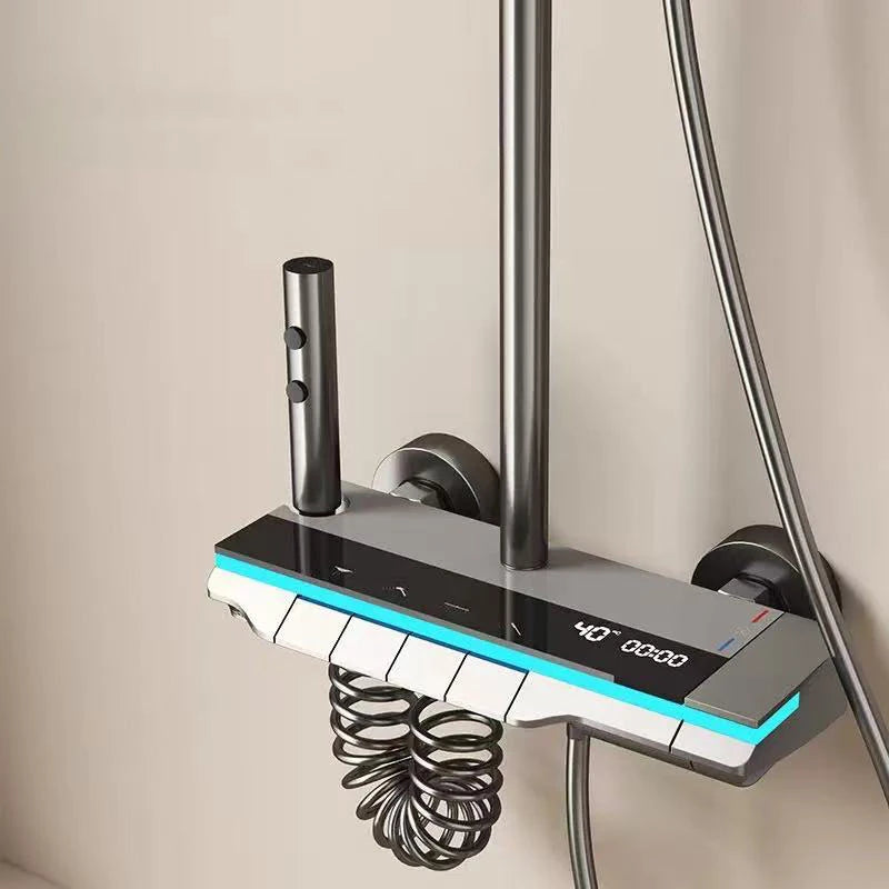 Bathroom Shower System Brass Mirror Surface Temperature-Controlled for Bathtub Faucet with Digital Display, LED Strip