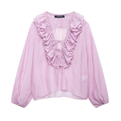 MUJER 2025 Ruffle Blouses for Women Semi Sheer Casual Blouse Woman Pleated Summer Shirts and Blouses Women Long Sleeve Women Top.
