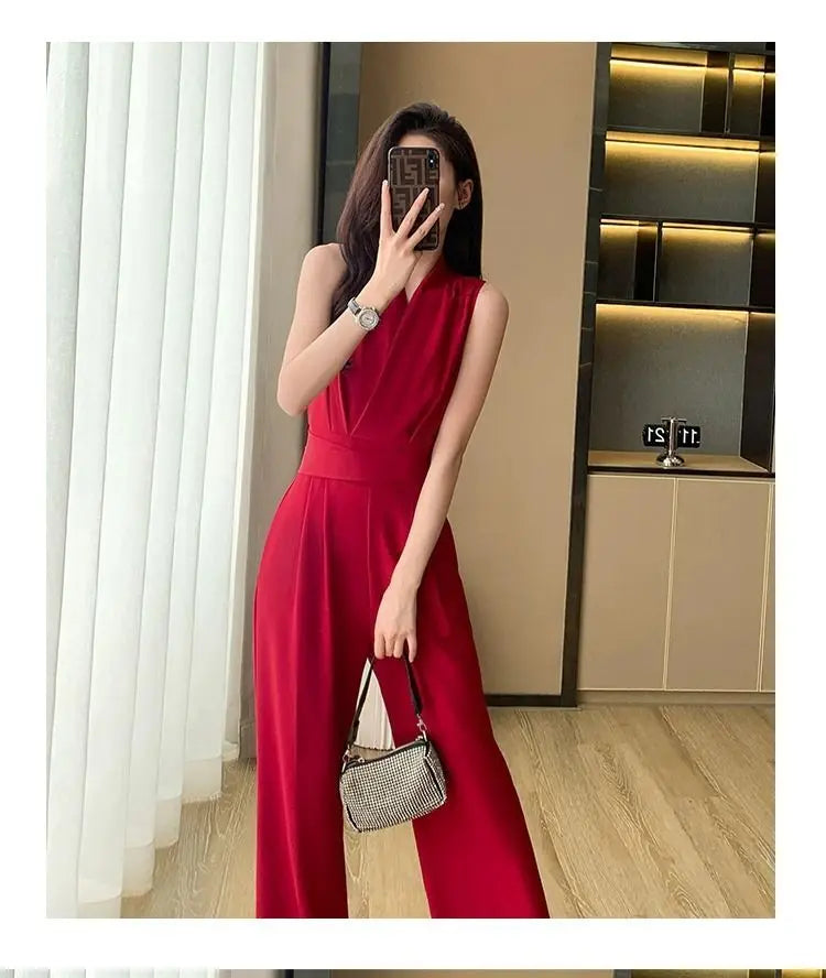 Women's Wide Leg Jumpsuit Pants 2025 Summer New Casual Straight Tube Sports Overalls V-neck Sleeveless Bodysuit For Women Romper.