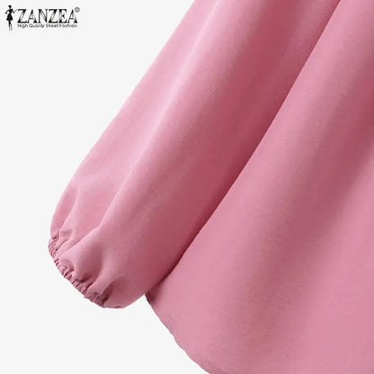 ZANZEA Women Elastic Waist Trouser 2pcs Tracksuit Muslim Fashion Long Sleeve Ruffles Tops Turkey Pant Sets Elegant Matching Sets.