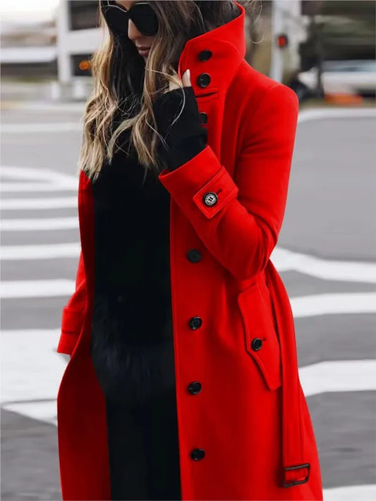 Winter drehen-unten Neck Woolen Jacke Mantel Outer Frauen Fashion Solid Langarm Einreiher Lose Wolle Mäntel Streetwear