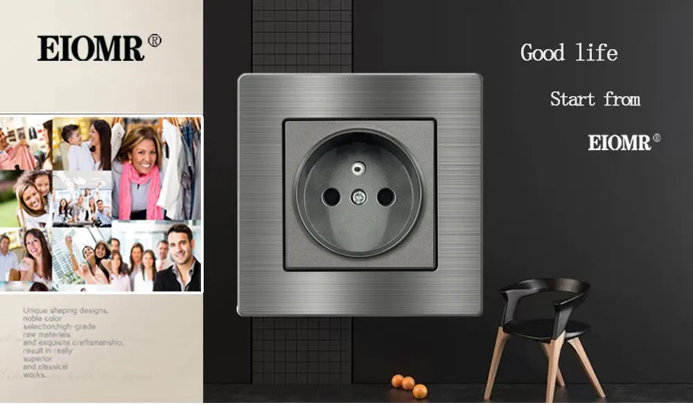 EIOMR Frankreich Standard-Steckdose, graue Aluminiumlegierung, Lichtschalter, RJ45, Fernseher, 220 V, 16 A, Wandsteckdosen für Haushaltsgeräte.