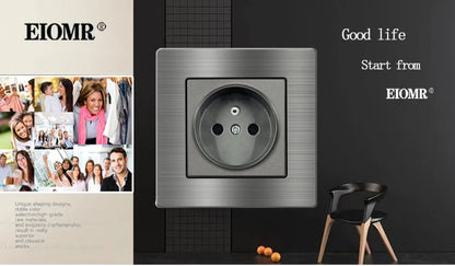 EIOMR Frankreich Standard-Steckdose, graue Aluminiumlegierung, Lichtschalter, RJ45, Fernseher, 220 V, 16 A, Wandsteckdosen für Haushaltsgeräte.