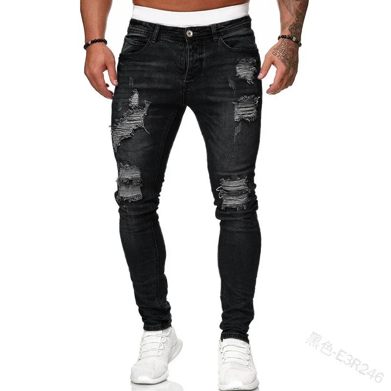 Zerrissene mittlere Taille Slim Fit Herren Jeans Vintage Denim Punk Wash Solid Punk Style Skinny Bleistifthose Distressed Holes Knöchellänge.