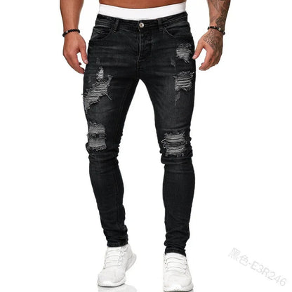 Zerrissene mittlere Taille Slim Fit Herren Jeans Vintage Denim Punk Wash Solid Punk Style Skinny Bleistifthose Distressed Holes Knöchellänge.