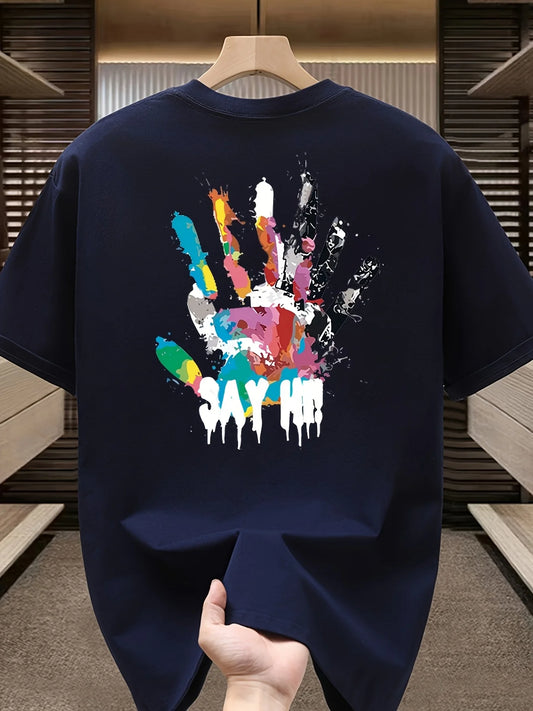 Men's Summer 100 Cotton Fashionable Casual Sports Loose Large Size Color Handprint Round Neck Short Sleeve T-shirt Top.