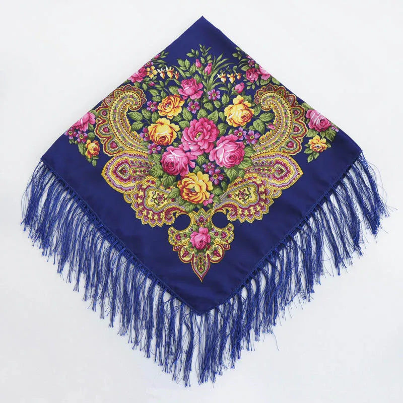 Women Luxury Floral Printed Russian Scarf Ukrainian Fringed Square Scarves Babushka Handkerchief Head Wraps Travel Shawl.