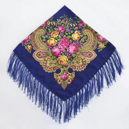 Women Luxury Floral Printed Russian Scarf Ukrainian Fringed Square Scarves Babushka Handkerchief Head Wraps Travel Shawl.