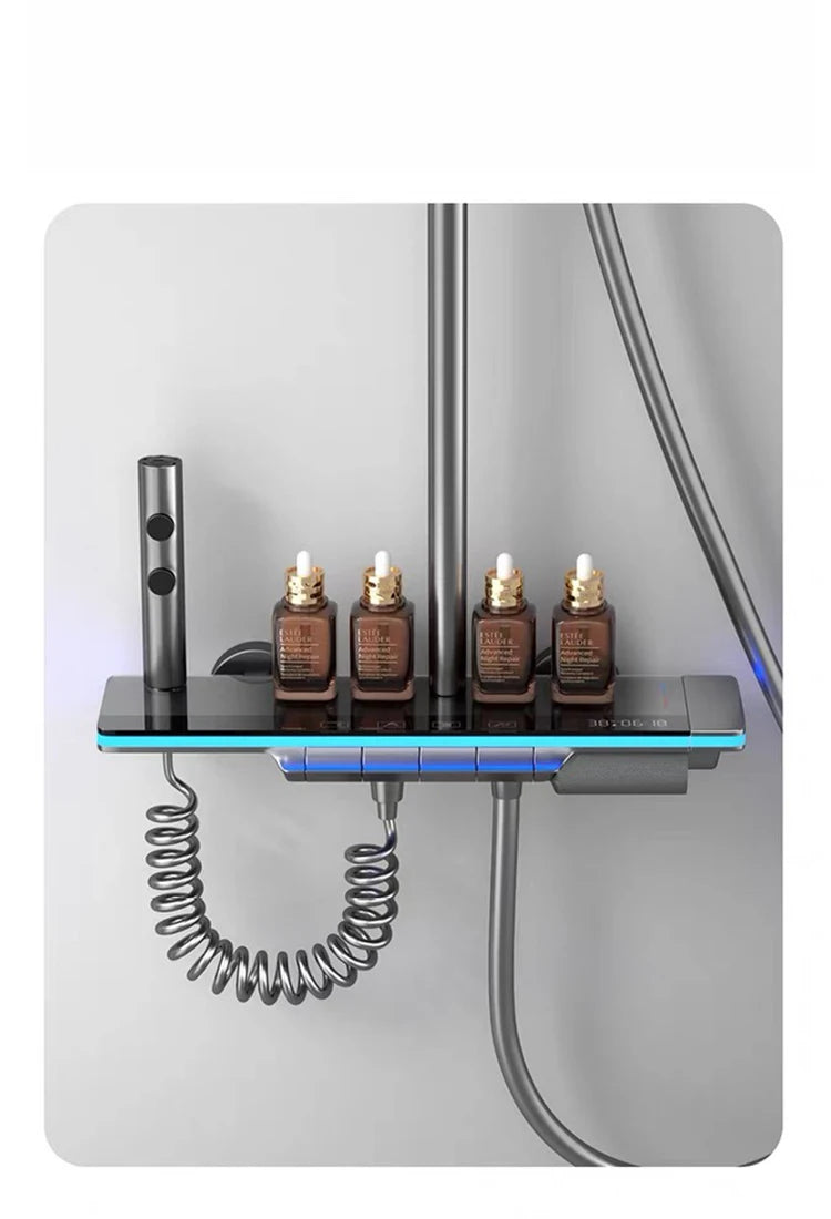 Bathroom Luxury Shower Faucet System with Lights Tempered Glass Shower Set Digital Display Copper Mixer Shower Faucet Set