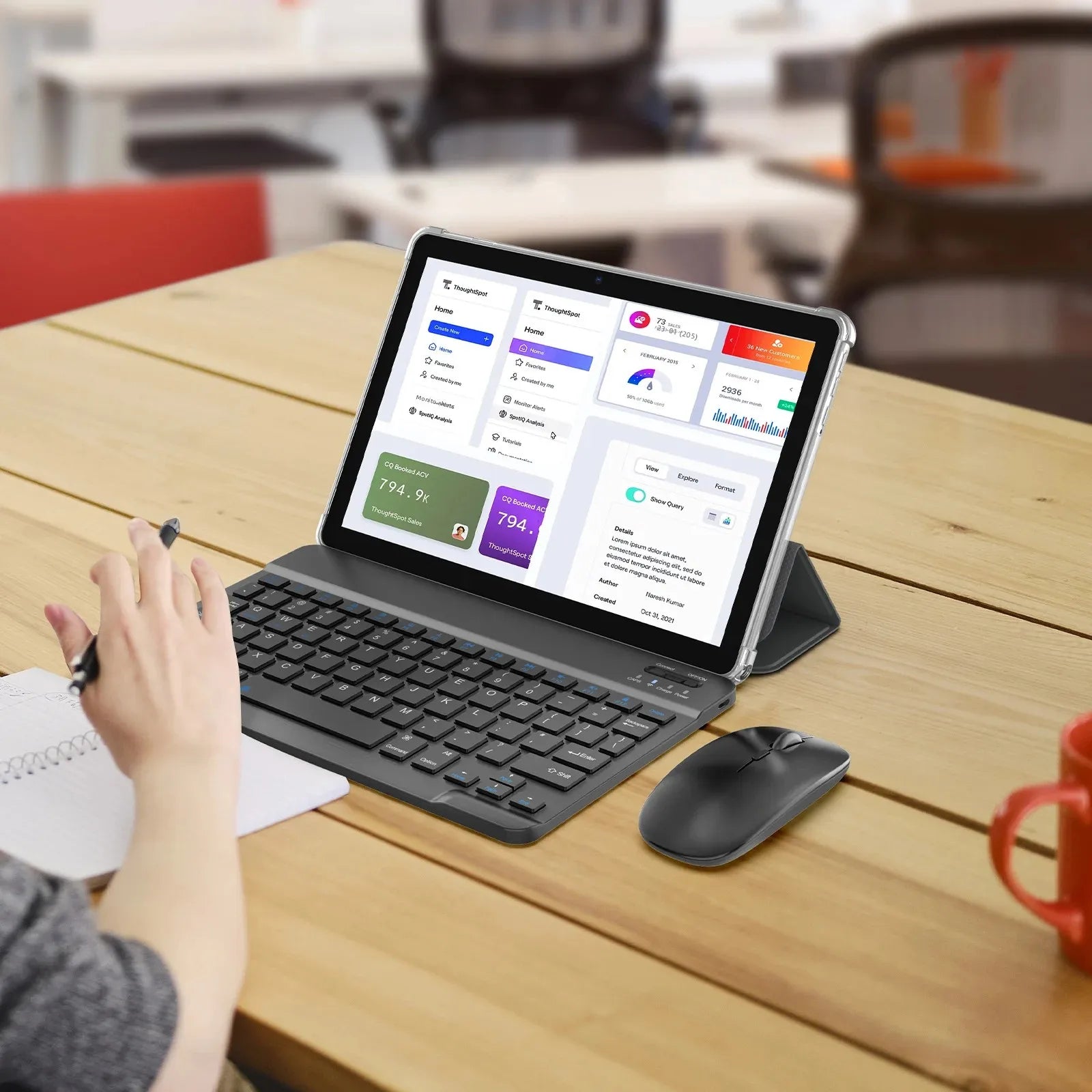 New BAKEN 10-inch Android 15 tablet with 64GB storage, keyboard, leather case, SIM card slot, stylus, mouse, and dual speakers.
