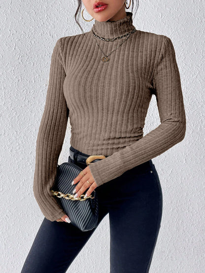 Herbst und Winter Sexy Textur Pit Streifen Schlank Stricken Langarm frauen t-shirt Neue High Neck frauen Tops Casual frauen Tops