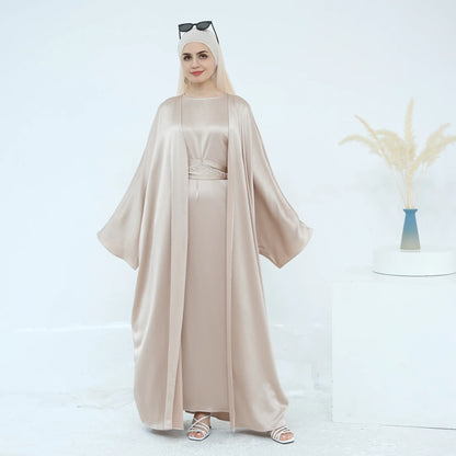 Two Piece Arabic Outfit Set for Muslim Women Elegant Modest Abaya Dress with Inner Ramadan Islamic Coat New Turkish Kaftan Robe