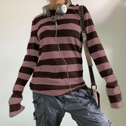 Women Fairy Grunge Knit Basic Shirt Autumn Y2K Grey Black Striped Long Sleeve Round Neck Tops Emo Tee.