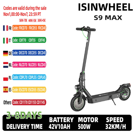 isinwheel S9 MAX Electric Scooter 10 Inch Tires E-Scooter 500W Motor Urban Commuting 36V 10.4AH Escooter.