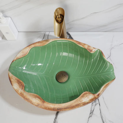 KEMAIDI Art Keramik-Badezimmerwaschbecken-Set, Waschbecken im Blatt-Stil mit Wasserfall, Antik-Messing-Wasserhahn und Abfluss, hochwertige Waschbecken aus Porzellan