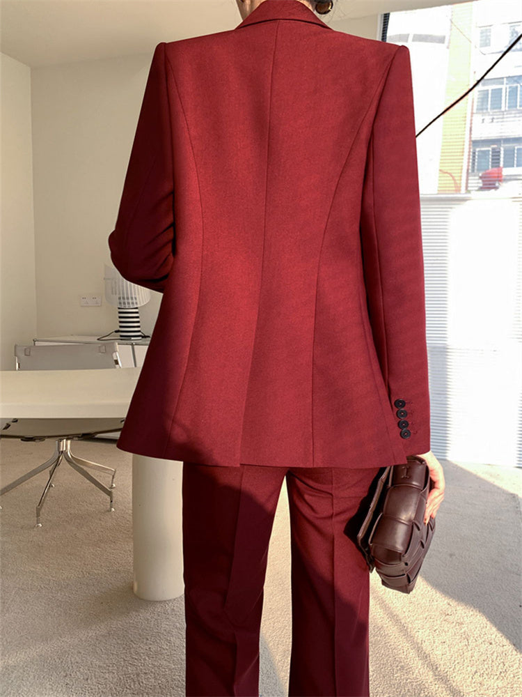 Burgundy Suit Set Women Spring 2023 Office Ladies Lapel Single Breasted Vest Wide Leg Pants Blazer Three Piece Set.