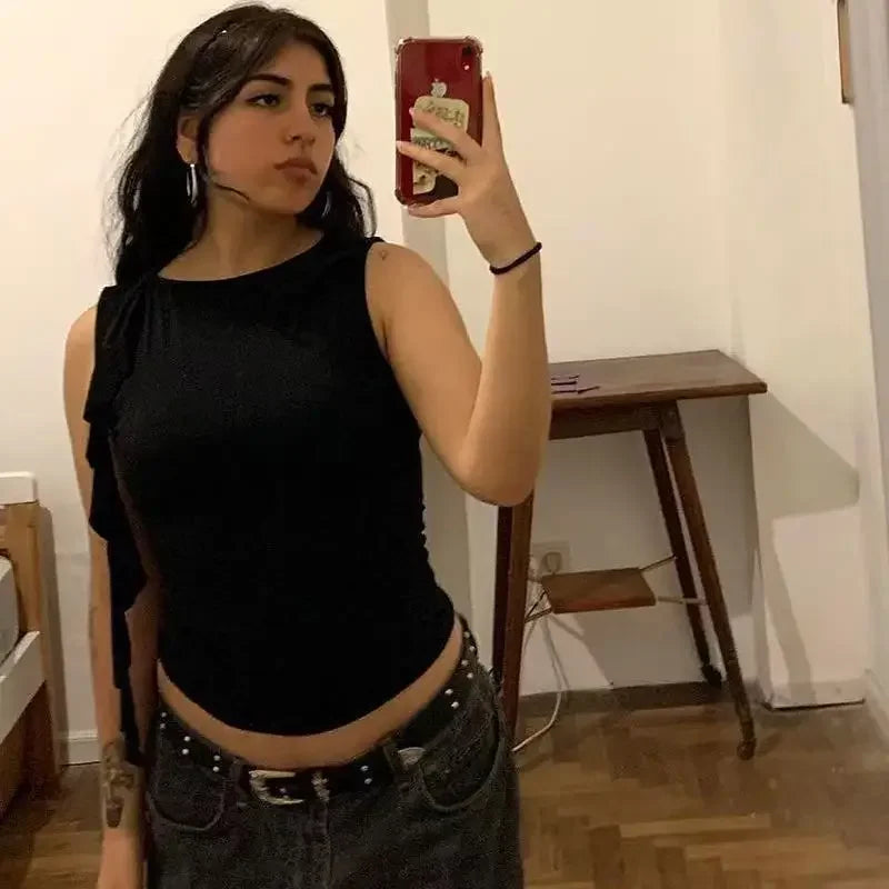 Slim Fit Basic Style Sleeveless round Neck Wrap Single Shoulder Vest Summer Waist Pleated Design Sexy Collarless Tank Top.