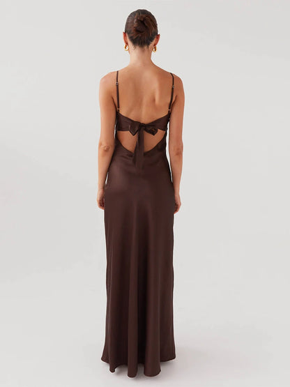 Combhasaki Damen-Kleid, elegant, einfarbig, verstellbar, dünn, Schultergurte, Ausschnitt, zum Binden vorne, rückenfrei, Sommer, langes Cami, seidiges Kleid
