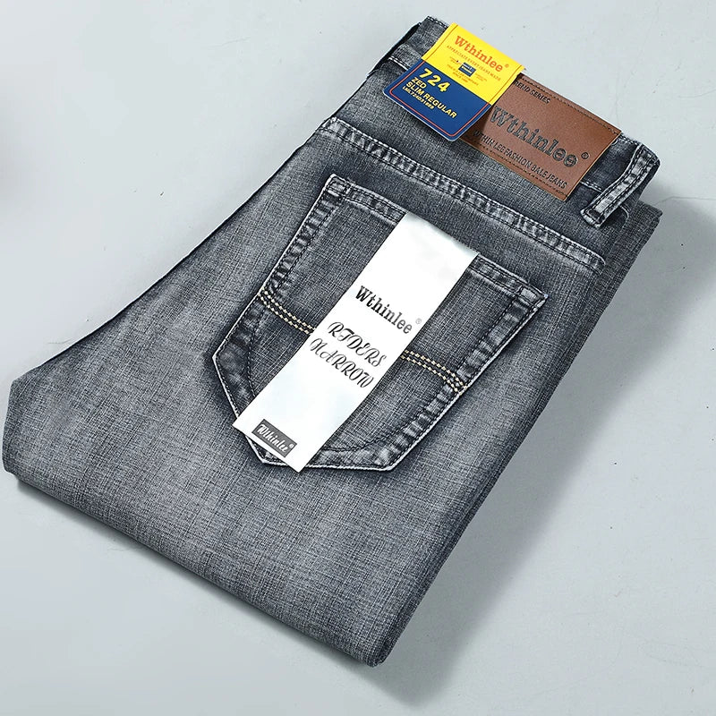 New Business Men's Jeans Casual Straight Stretch Fashion Classic Smoke Gray Blue Black Work Denim Trousers Male Brand Clothing.
