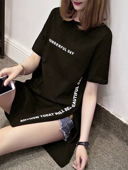 WONDERFUL DAY Print Long T shirts Summer Women Loose Slit Femme Tops  Tshirt Short sleeve Ladies t-shirt