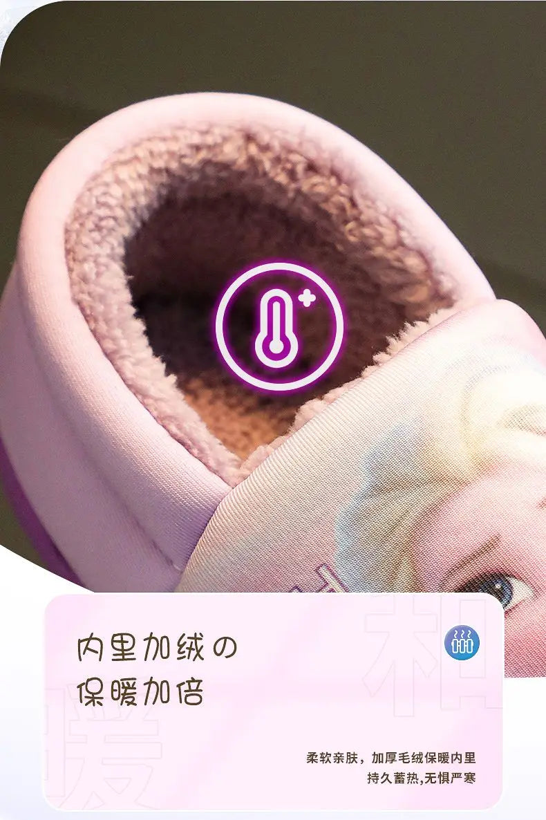 Disney Princess Elsa Winter Children's Heel Cotton Slippers Girls' Warm Frozen Kids' Cotton Black Purple Flats Shoes Size 24-40.