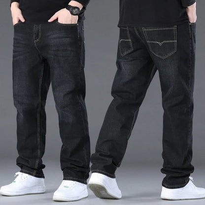 Große Größe Herren Jeans High Stretch Denim Stoff Große Größe Hosen für 45-150 kg Jeans Hombre Jeans mit weitem Bein Pantalon Homme
