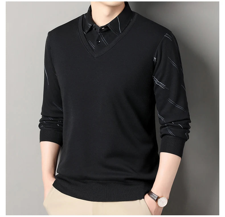 Men's Fleece Lining Sweater Autumn Winter Pullover Polo Shirt Collar Fake Two Piece Thick Warm Top Clothes Casual Knitwear.