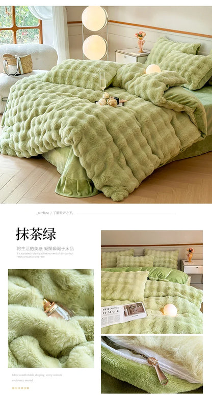 2024 new solid color colorful rabbit wool four-piece set, one side of rabbit fur and one side of milk wool thickened warm