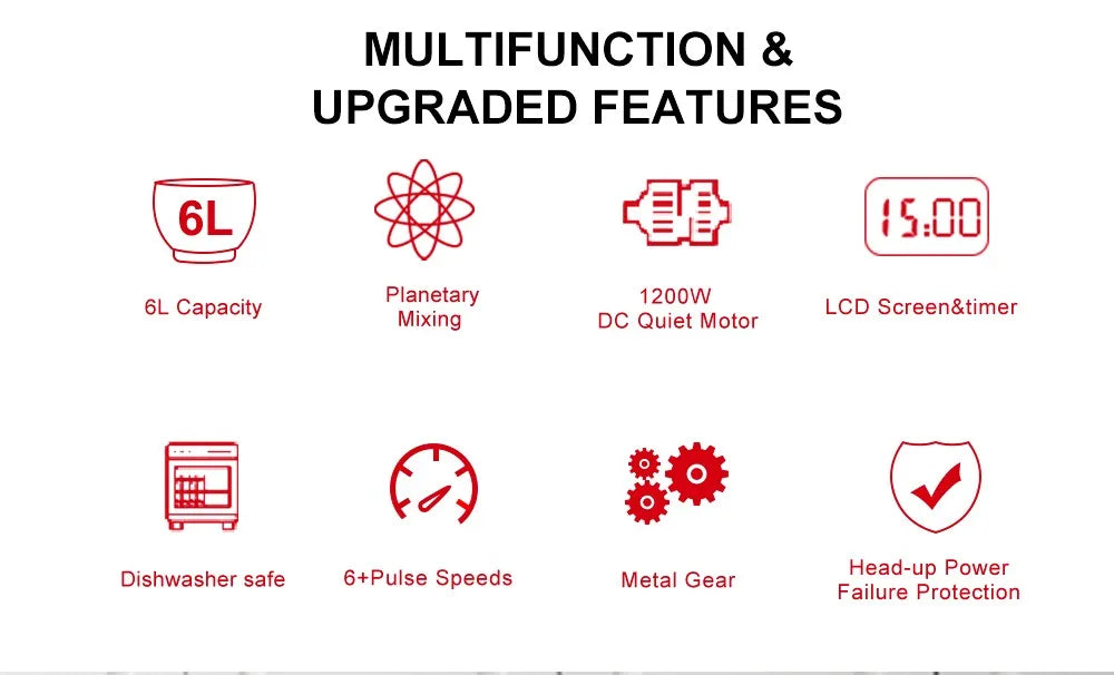 BioloMix BM601 1200W Kitchen Food Stand Mixer, Cream Egg Whisk, Cake Dough Kneader, 6L Capacity, Stainless Steel Bowl.