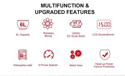 BioloMix BM601 1200W Kitchen Food Stand Mixer, Cream Egg Whisk, Cake Dough Kneader, 6L Capacity, Stainless Steel Bowl.
