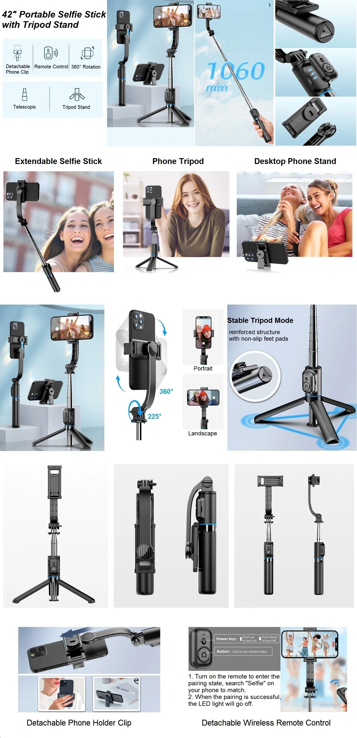 Selfie Stick for iPhone Phone 42" Extendable Selfie Stick and Tripod Stand with Bluetooth Remote for Travel Vlog Video Recording.