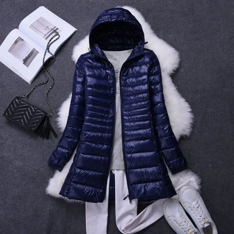 Damenmode, weiße Enten-Wodn-Pufferjacken mit Kapuze, 2025, Neuheiten, weiblich, X-lang, leicht, verstaubar, Daunenmäntel.