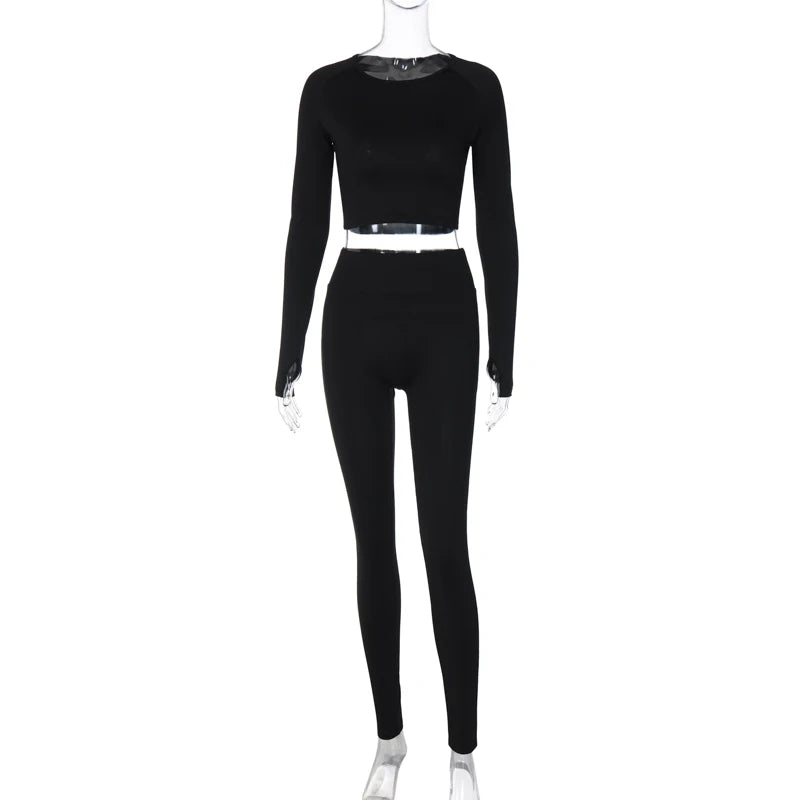 Hugcitar Pure Color Long Sleeve Crop T-Shirt Legging 2 Piece Matching Sets 2024 Spring Women Fashion Streetwear Sports Tracksuit.