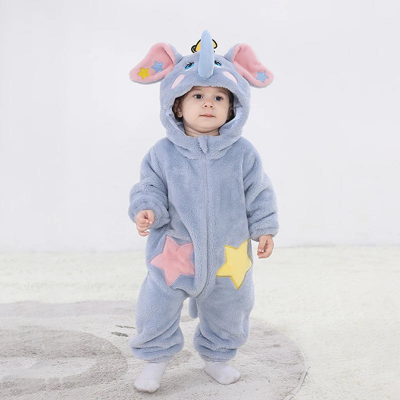 Kigurumis Schöne Elefanten Neugeborenen Baby Kleidung Body Winter Flanell Jungen Mädchen Strampler Warme Cosplay Kostüm Outfit Mit Kapuze.