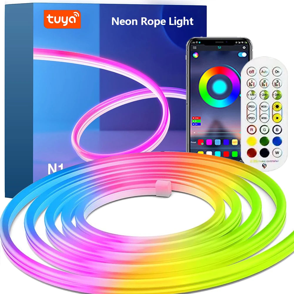 Smart RGB Rope Lights 1M 2M 3M 5M Neon LED Strip Lights APP & Remote Control Waterproof Flexible Ribbon for Christmas Decoration.