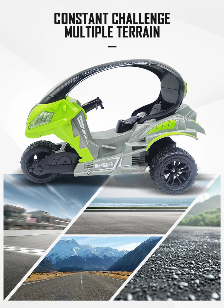 Electric RC Motorcycle Car Spray RC Stunt Toys Remote Control Drift Stunt Three Wheel Motorcycle with LED Lights for Kids Gifts.