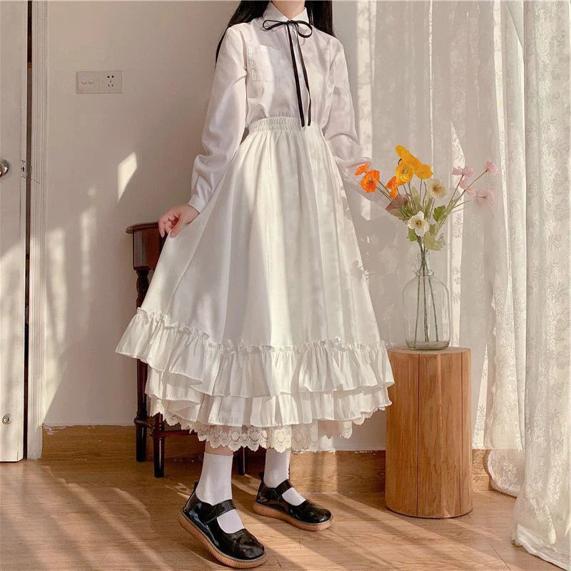 Fashion Sweet Midi Skirt Women Lace Patchwork Bow Preppy Fall Loose Casual Skirts Japanses Ruffle High Waist Solid Chic Skirt.