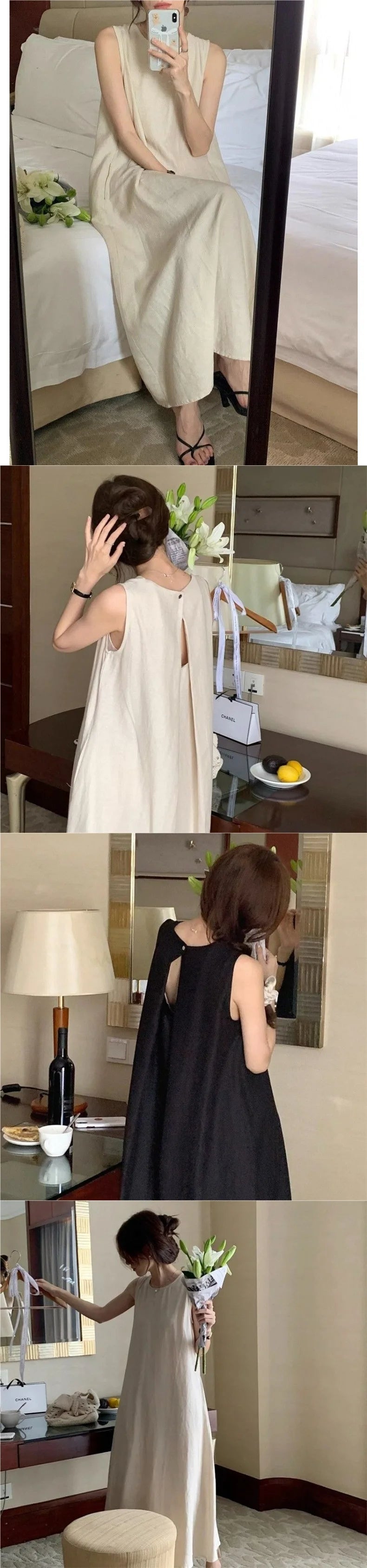 Elegantes ärmelloses langes Westenkleid für Damen, lockerer Rücken, hohles Design, Rundhalsausschnitt, Frühlingsausflugskleid, Prinzessinnenärmel, Polokragen.