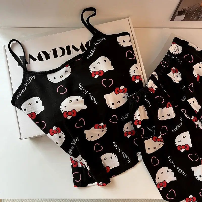 Hello Kitty Pyjama-Set für Damen, niedliche Nachtwäsche, Cartoon, ärmellos, Tank-Top, Shorts, Zuhause, Sommer, gemütliche Loungewear, Geschenk für Mädchen, Sanrio
