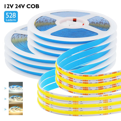DC12 24V COB LED Strip Light 528Leds/m Flexible Tape Ribbon High Density Linear Lighting 3000-6500K RA90 Led Lights Room Decor.