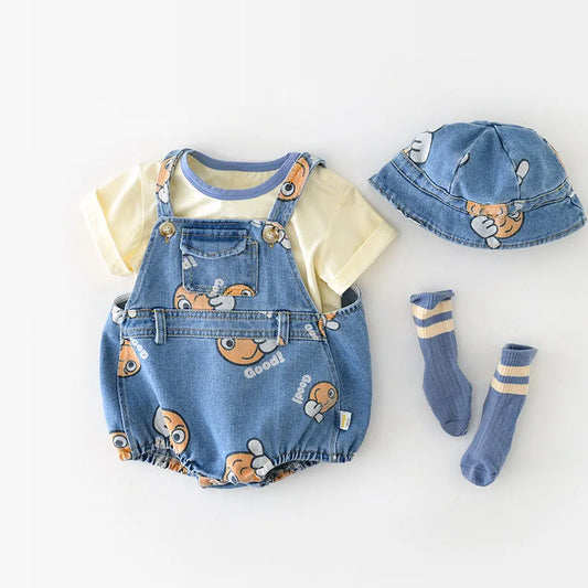 2 Stück Sommer Kinder Baby Denim Bodysuit und Mützen Anzüge einteilige Unisex Kleinkind Jungen Mädchen weiche Jeans Kleidung Jeans Sprung anzüge