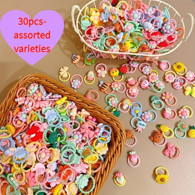 30pcs girls high elastic hair band does not hurt hair, cartoon animal flowers and fruit decorative hair band, decorative hair se.