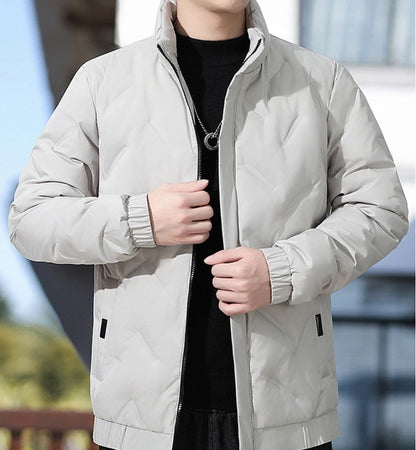 Men's winter standing collar cotton jacket with diamond grid pattern warm jacket, casual solid color fashionable simple jacket.