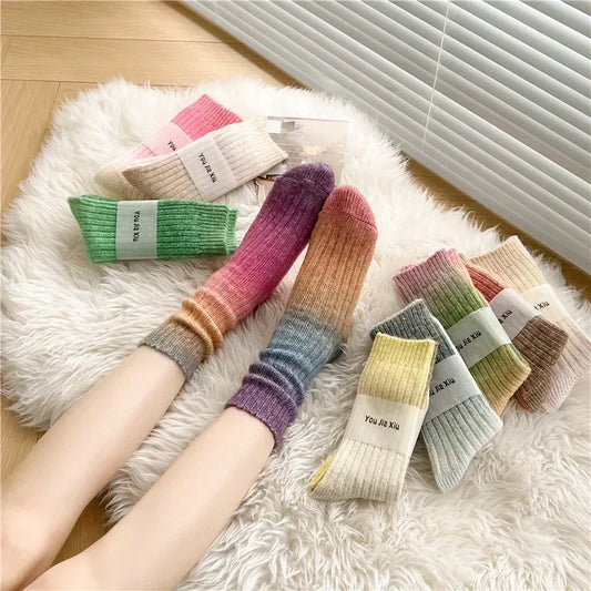 Winter Thick Warm Long Socks Gradient Wool Cashmere Kawaii Socks Women Thermal Floor Sleeping Socks New Year Gift Autumn 2024New.