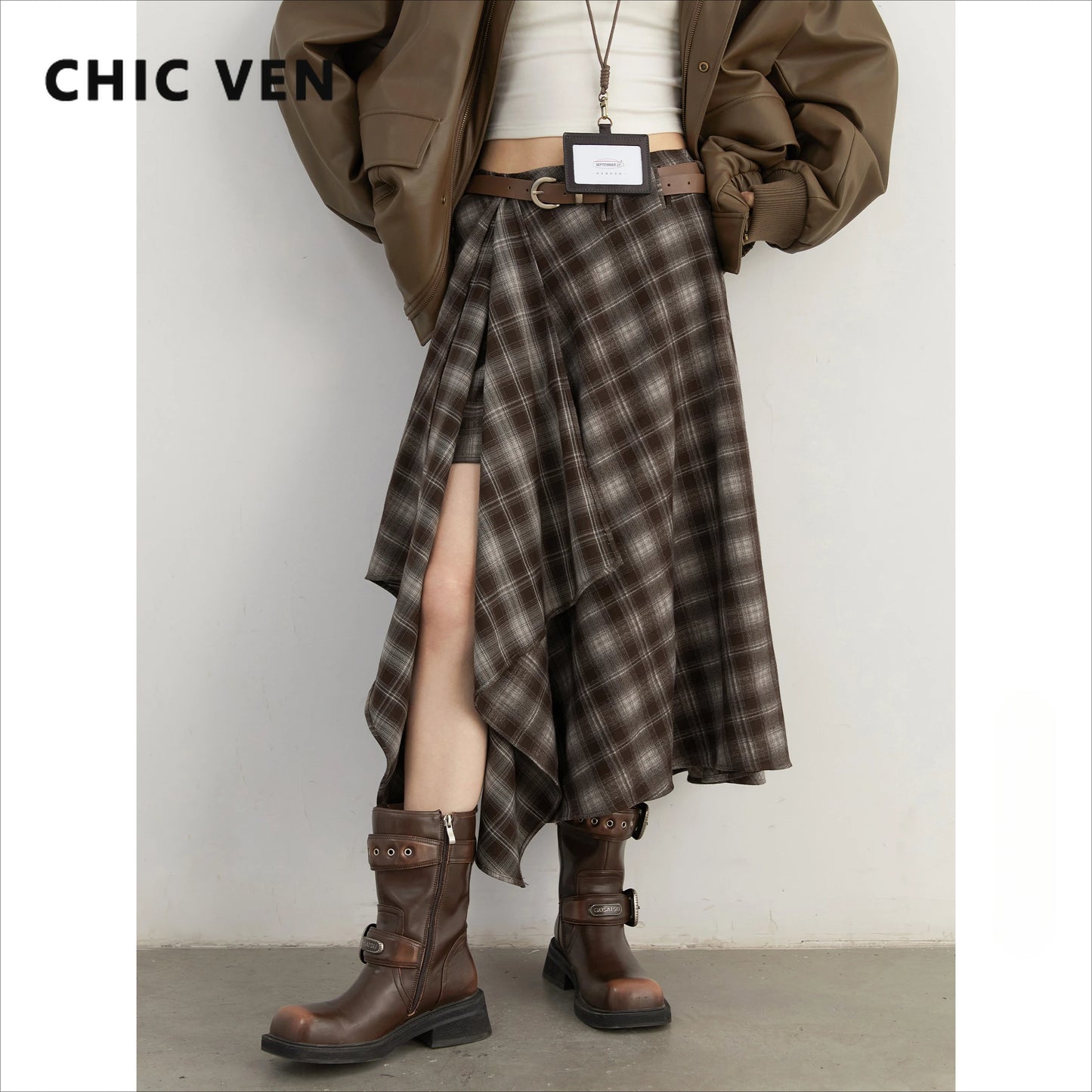 CHIC VEN Women Skirts A Line Retro Loose High Waist Irregular Color Plaid Frosted Half Body Long Ladies Skirt Winter 2025.