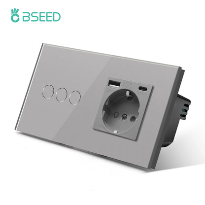 Bseed EU-Standard 1/2/3 Gang Licht-Touch-Schalter Home Wandschalter Graues Glas Sensorschalter Typ-C USB-Stromladebuchsen.