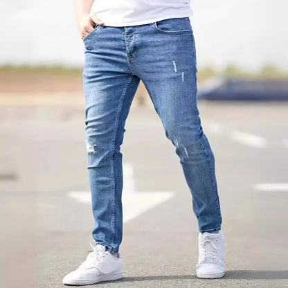 New men's jeans elastic slim fit pants street wear classic ripped cat whiskers casual jeans tight zipper denim clothing black bl.