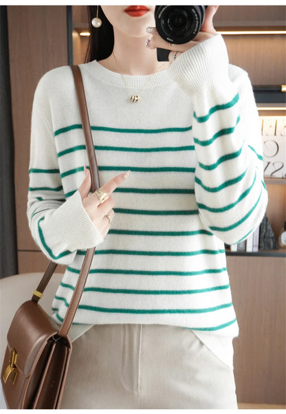 Herbst Winter neue Frauen O-Ausschnitt Farbe Streifen Pullover Wolle Mischung Mode weichen warmen Pullover Kaschmir lose lässig Strick Base Top