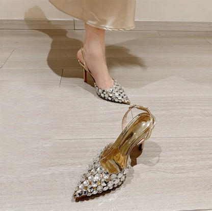 Liyke Elegant Pointed Toe Slingback Stiletto Sandals Crystal Diamonds Women Pumps High Heels Wedding Prom Shoes Zapatos Mujer.
