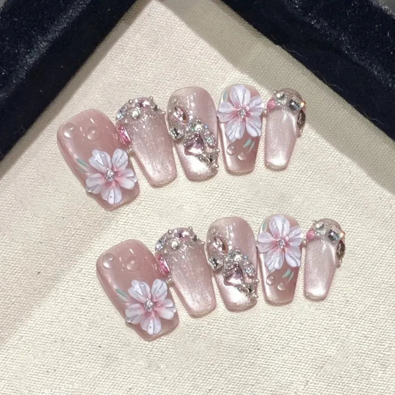 10Pcs Sweet Cute Handmade Press on Nails Flower Butterfly Fake Nails Glossy Diamond False Nails Full Cover Acrylic Nail Tips Art.